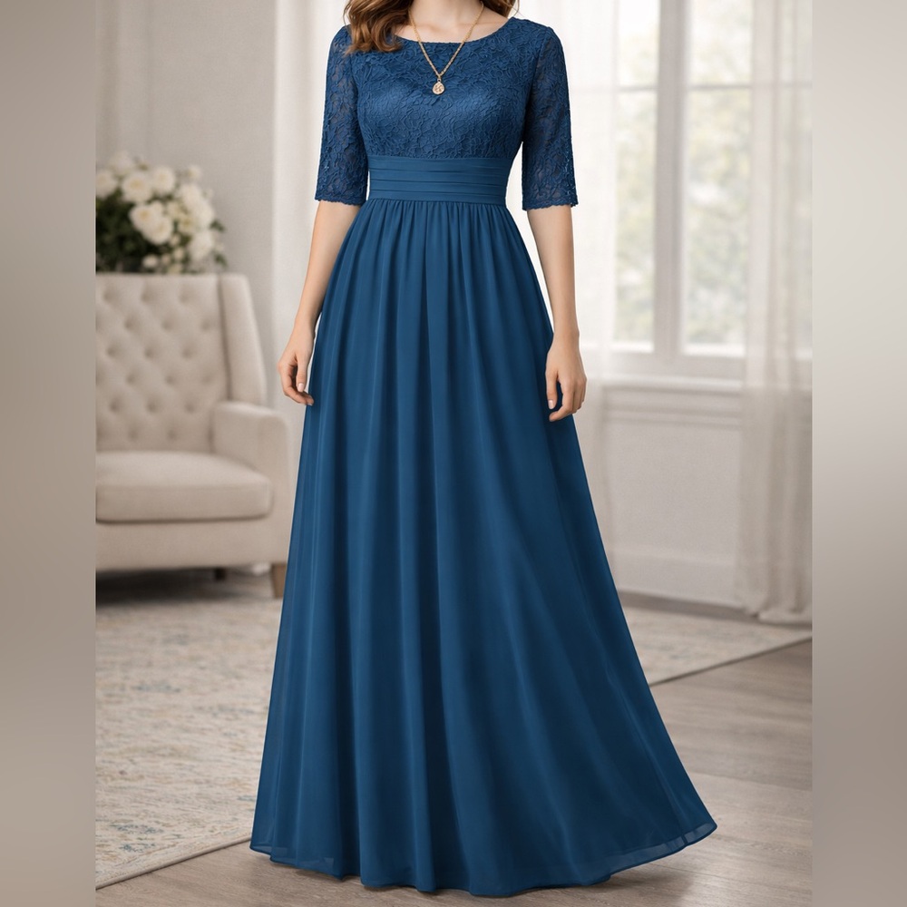Elegant Teal Lace and Chiffon Gown